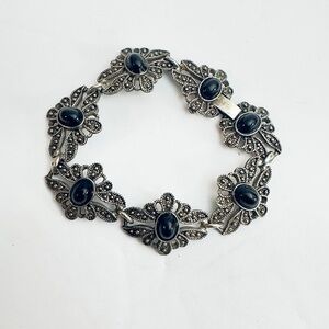 Vintage Silver‎ (possibly Sterling) (Costume Jewelry)and Black Bracelet